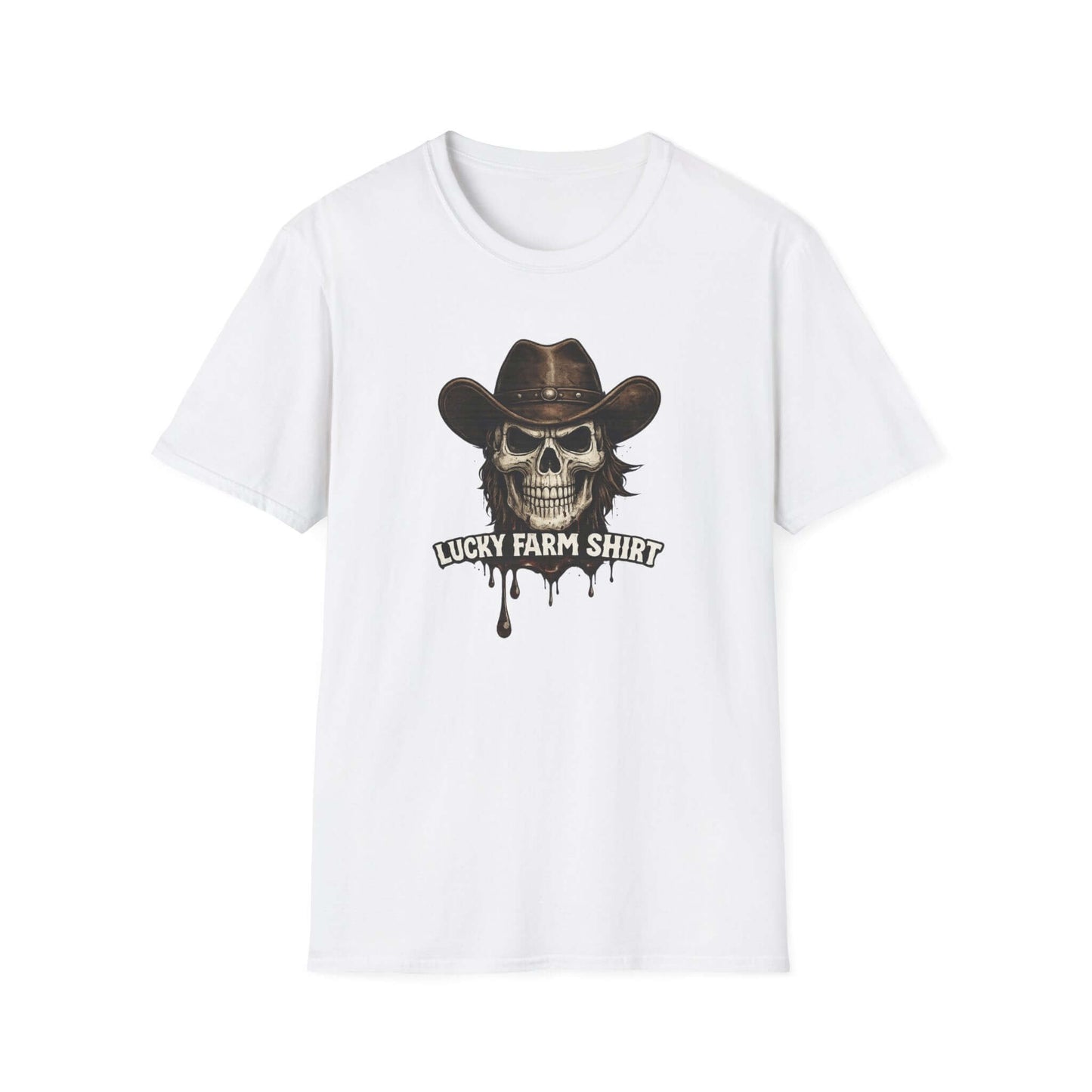 Lucky Farm T-Shirt with skull graphic and cowboy hat on a white shirt for rancher farm apparel