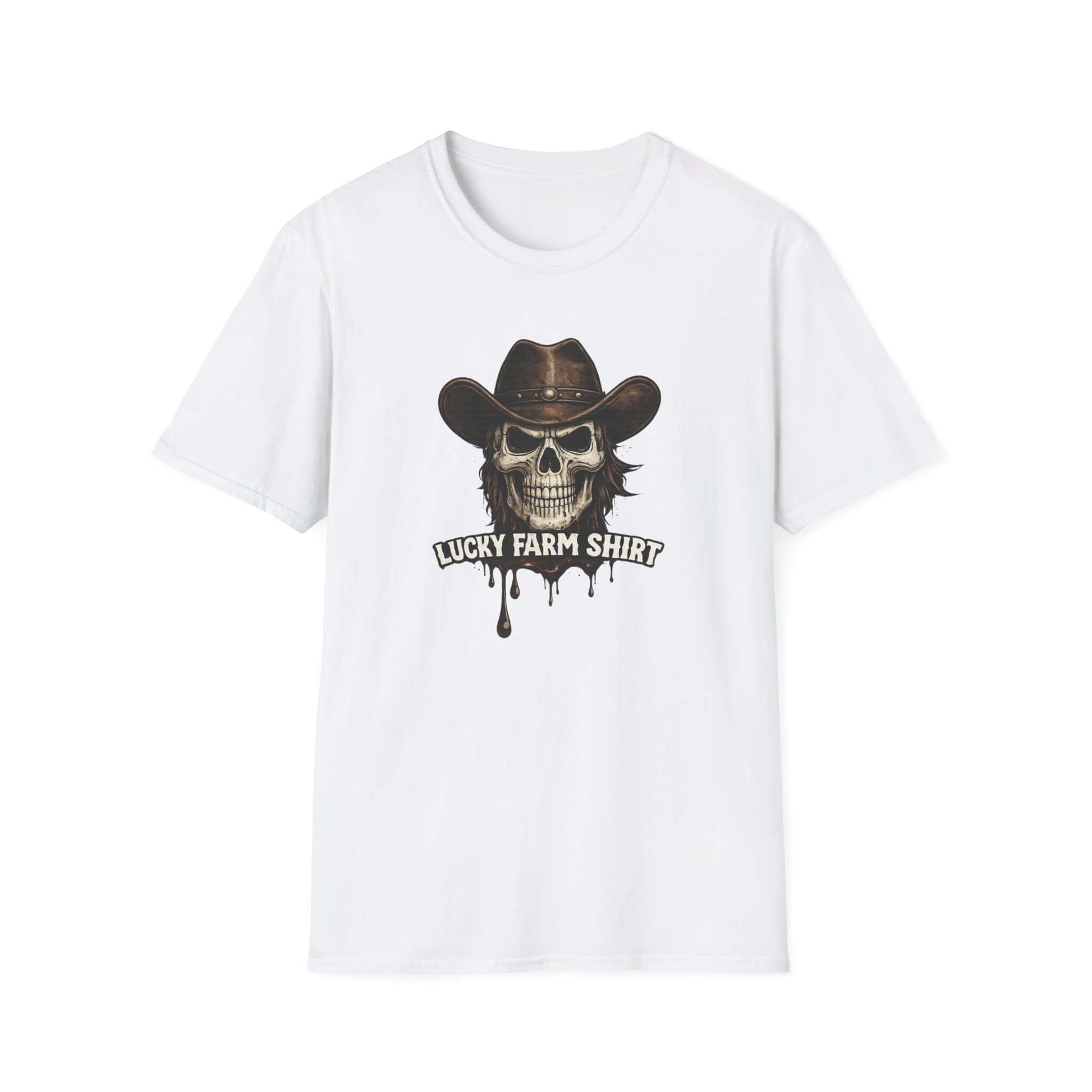 Lucky Farm T-Shirt with skull graphic and cowboy hat on a white shirt for rancher farm apparel