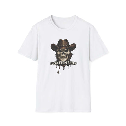 Lucky Farm T-Shirt with skull graphic and cowboy hat on a white shirt for rancher farm apparel