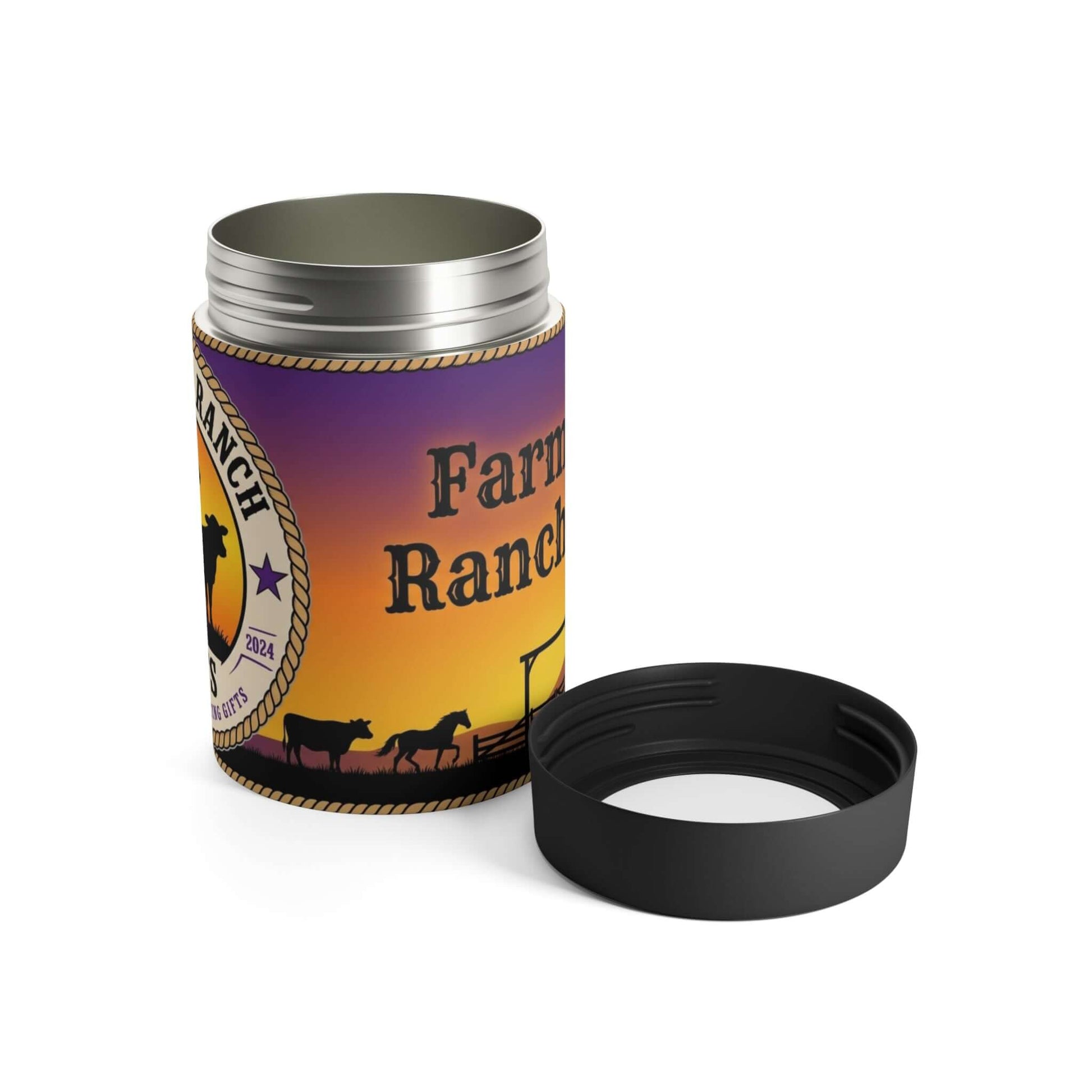 Personalized Can Holder with ranch sunset design and removable lid, perfect customizable gift.