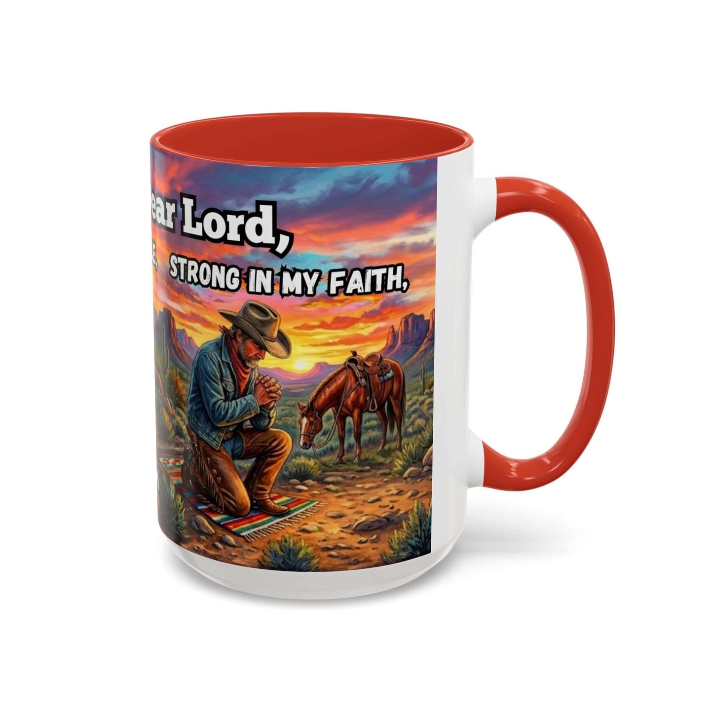 Cowboy Prayer Coffee Mug featuring a cowboy praying at dawn with horses in a western landscape.