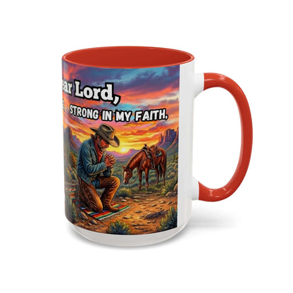 Cowboy Prayer Coffee Mug featuring a cowboy praying at dawn with horses in a western landscape.