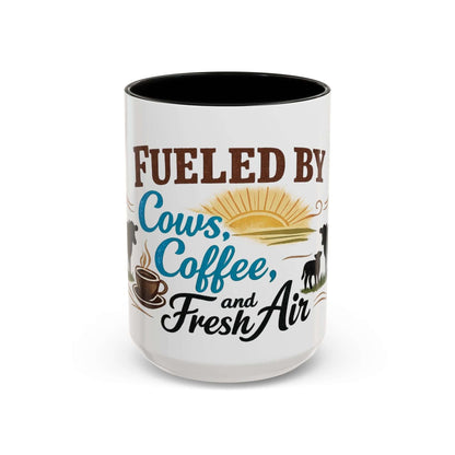Cow Lovers Mug featuring the text 'Fueled by Cows, Coffee, and Fresh Air' with sunrise and cow illustrations.