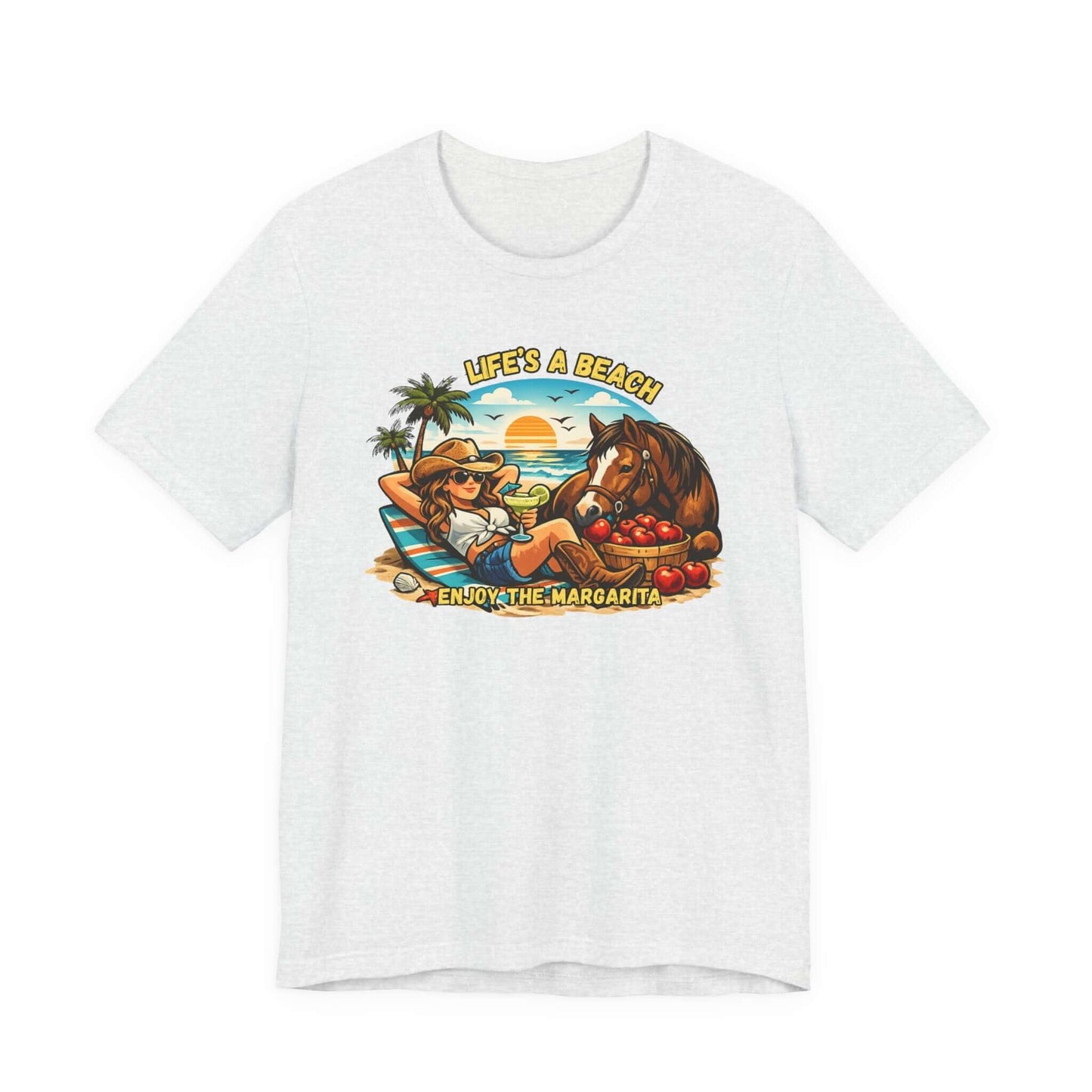 Life's A Beach Western Tee featuring a cowgirl relaxing with a horse and sunset, perfect for beach lovers.