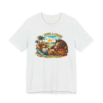 Life's A Beach Western Tee featuring a cowgirl relaxing with a horse and sunset, perfect for beach lovers.
