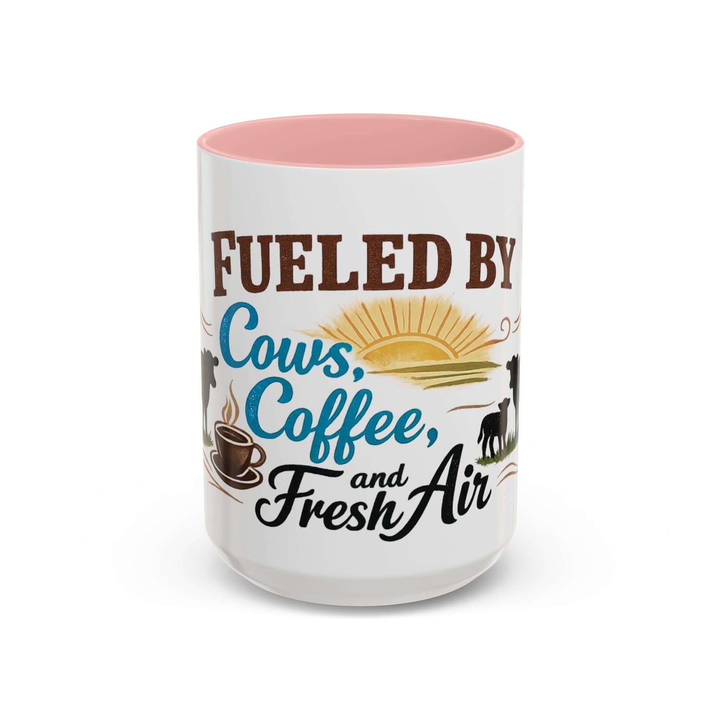 Cow Lovers Mug with 'Fueled by Cows, Coffee, and Fresh Air' design, perfect for farm lovers.