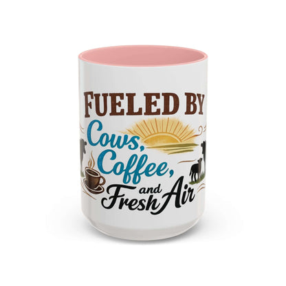 Cow Lovers Mug with 'Fueled by Cows, Coffee, and Fresh Air' design, perfect for farm lovers.