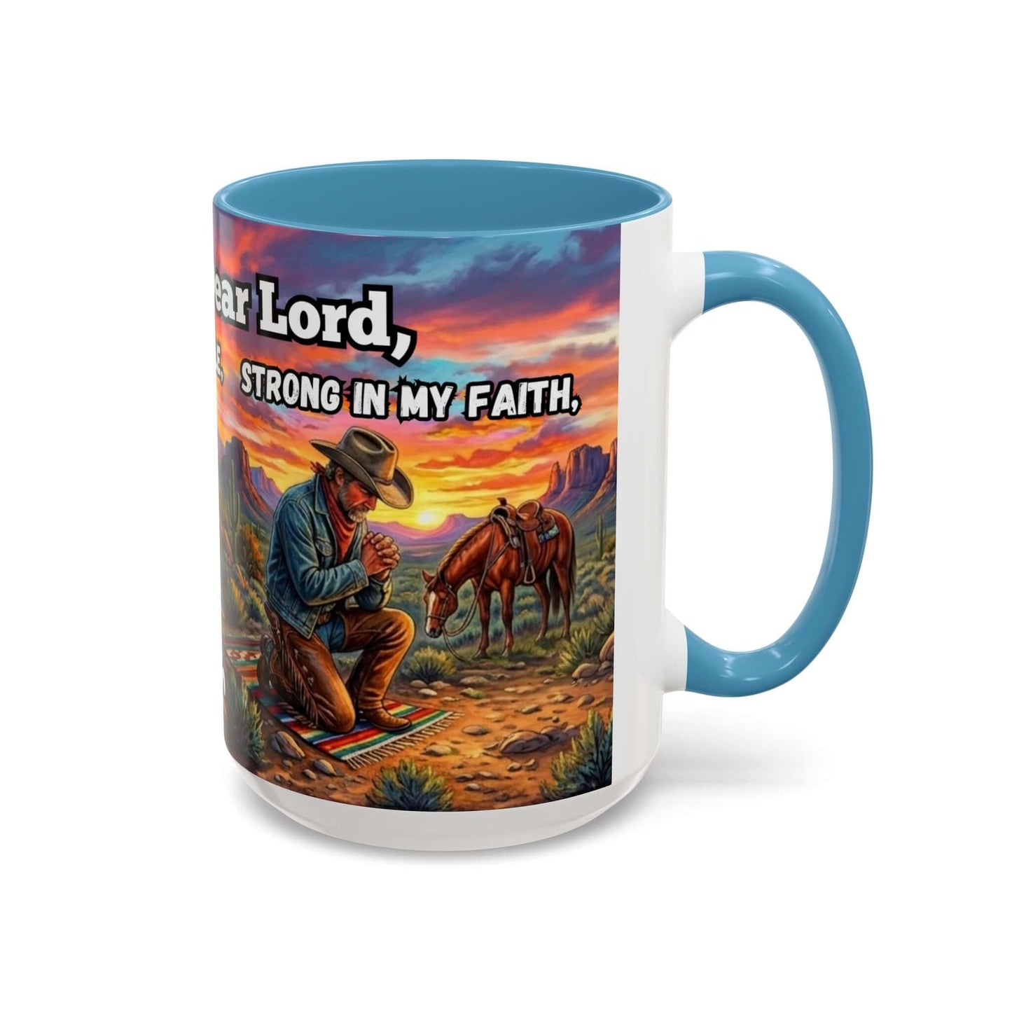 Cowboy Prayer Coffee Mug with colorful cowboy prayer design and blue handle, perfect for religious gifts and western decor.