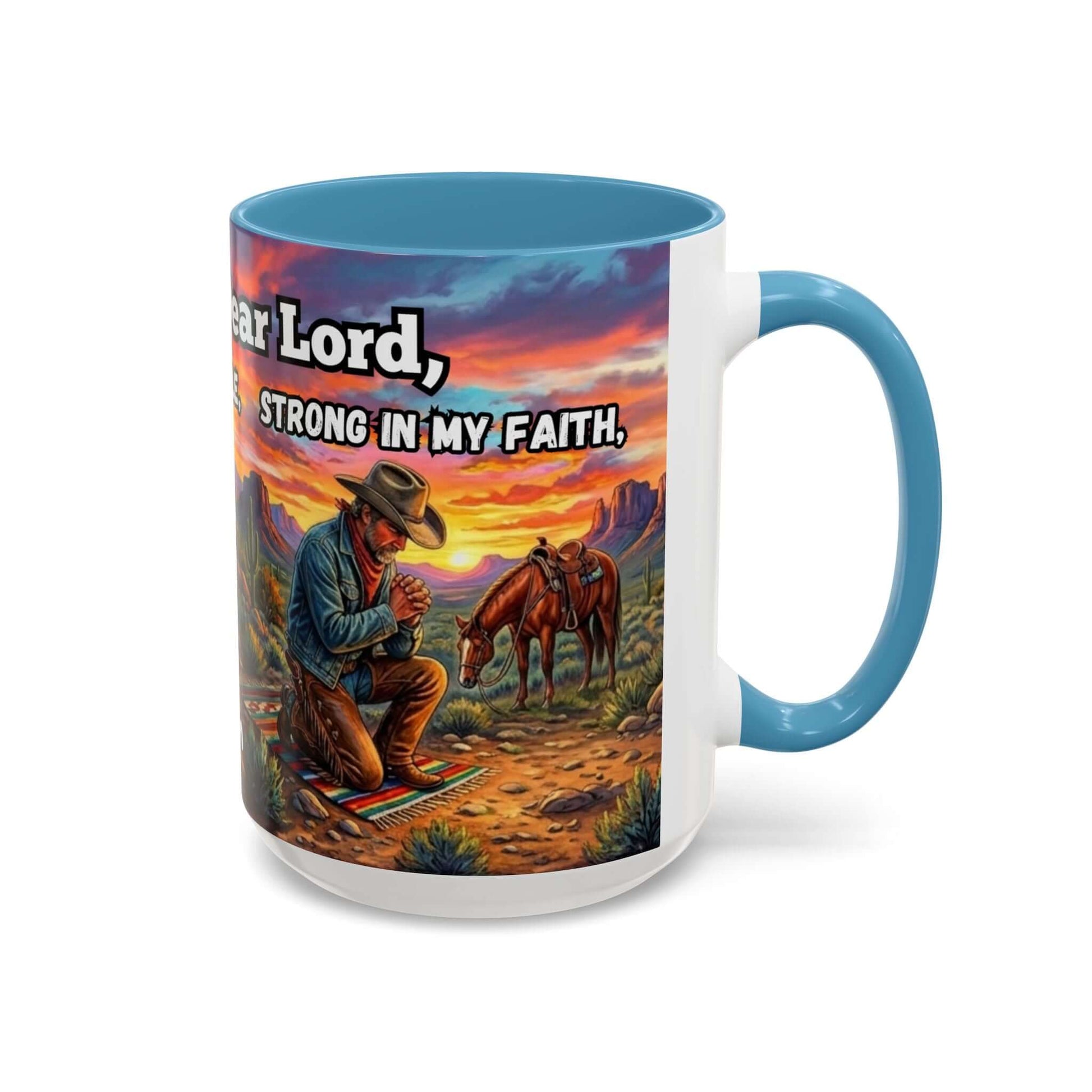 Cowboy Prayer Coffee Mug with colorful cowboy prayer design and blue handle, perfect for religious gifts and western decor.
