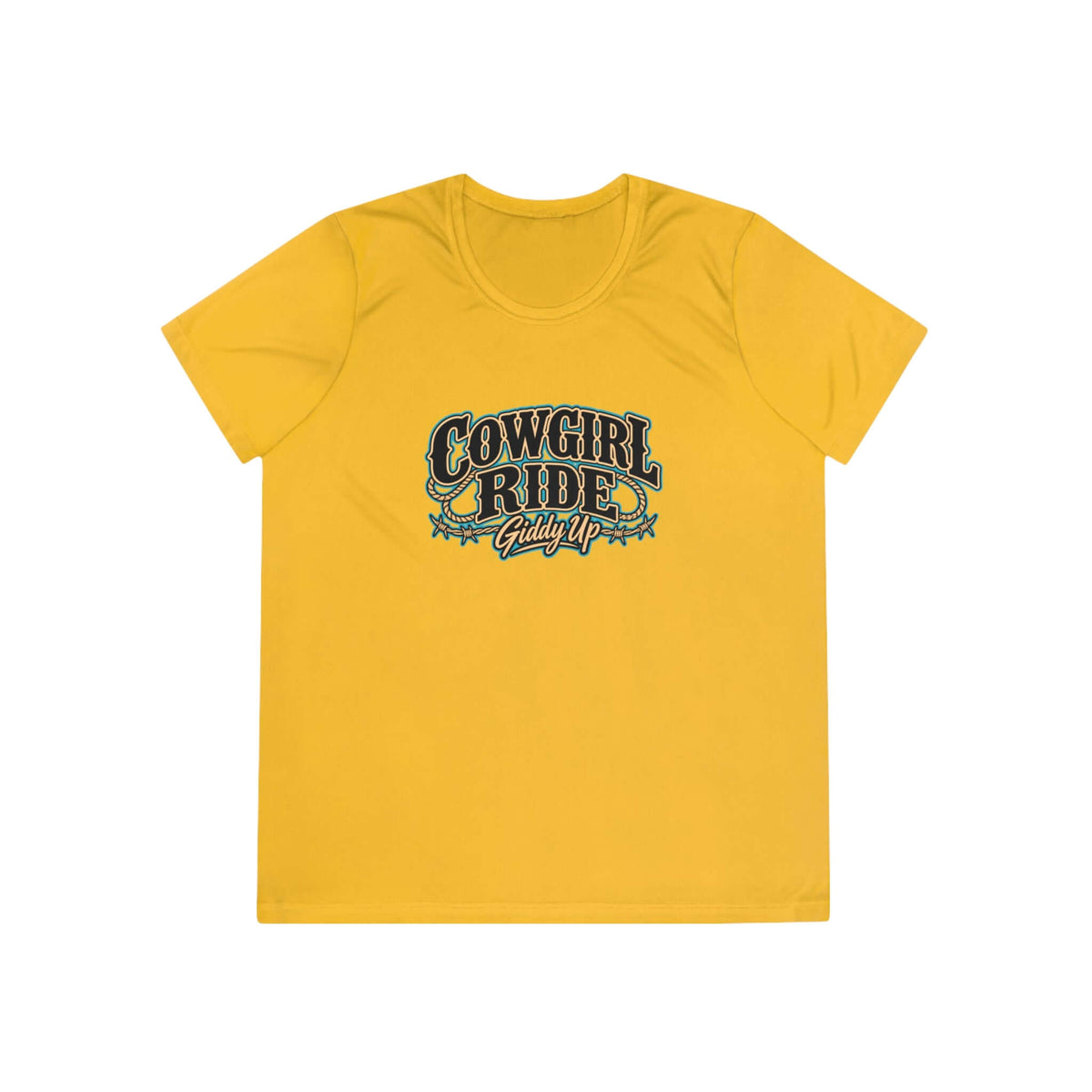 Cowgirl Ride Giddy Up Ladies Tee in yellow with vintage graphic design and rustic accents.