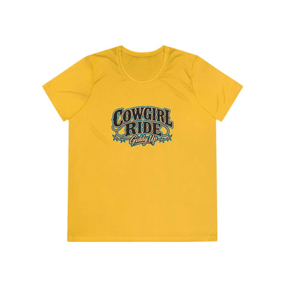Cowgirl Ride Giddy Up Ladies Tee in yellow with vintage graphic design and rustic accents.