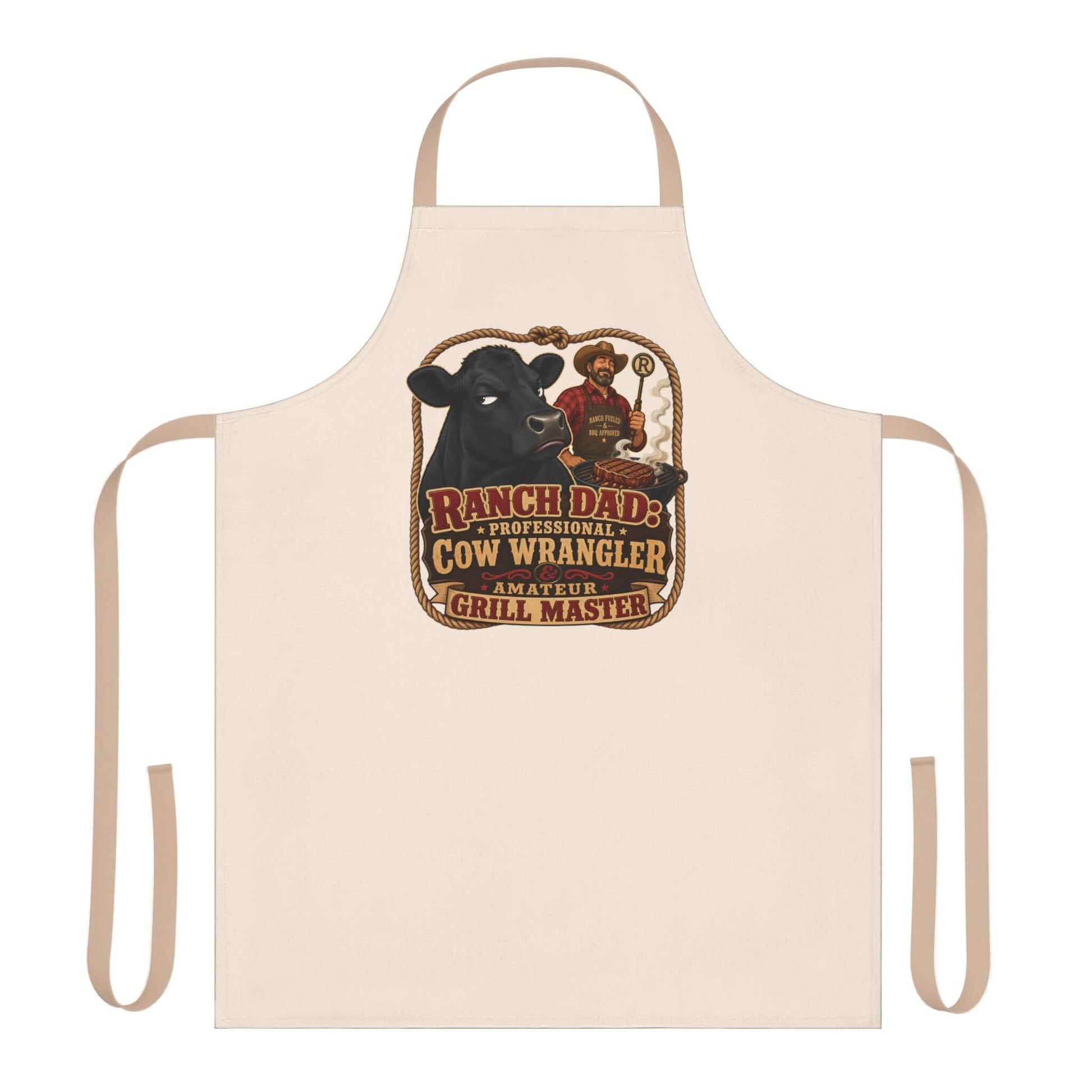 Ranch Dad Apron with vintage ranch-style graphic featuring a sassy cow and grill master design.