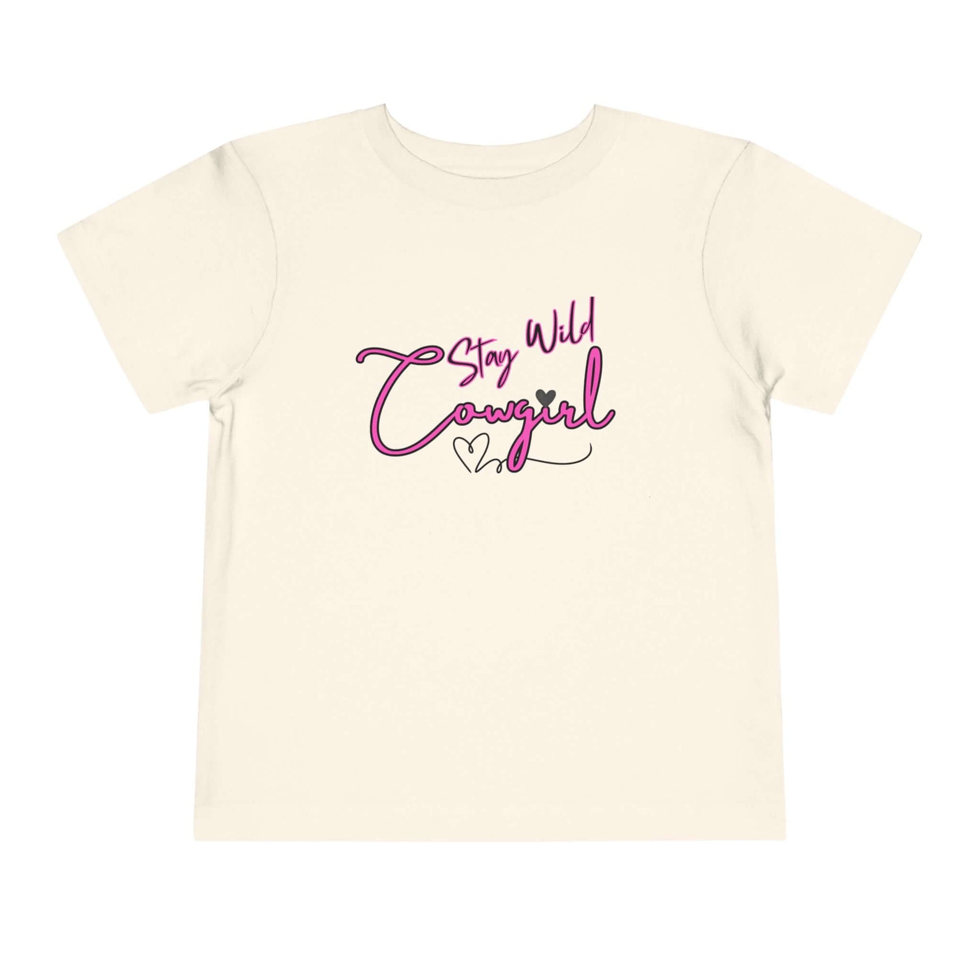Toddler Cowgirl Tee featuring a playful design that says 'Stay Wild Cowgirl' on a soft, lightweight fabric.