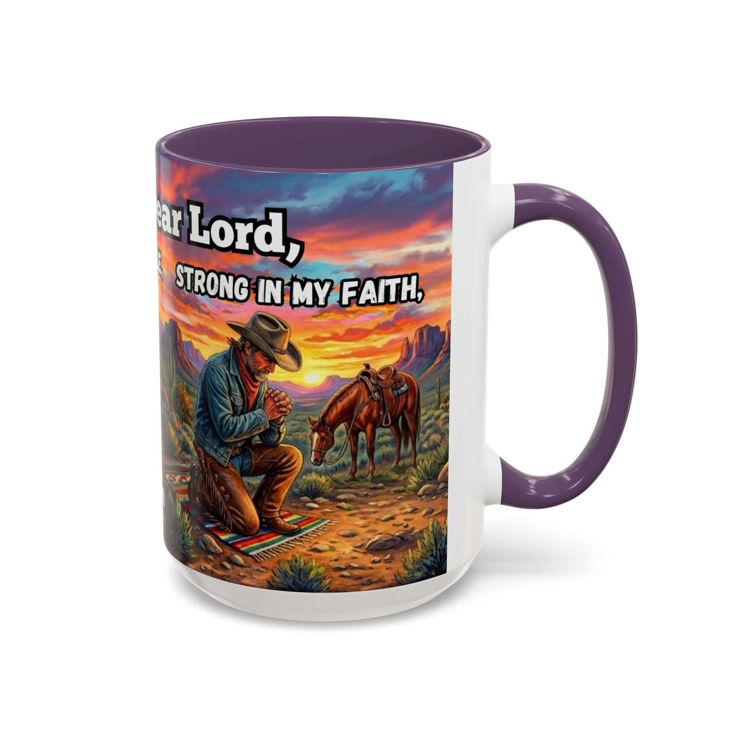 Cowboy Prayer Coffee Mug featuring a cowboy praying with horses against a colorful sunset background.