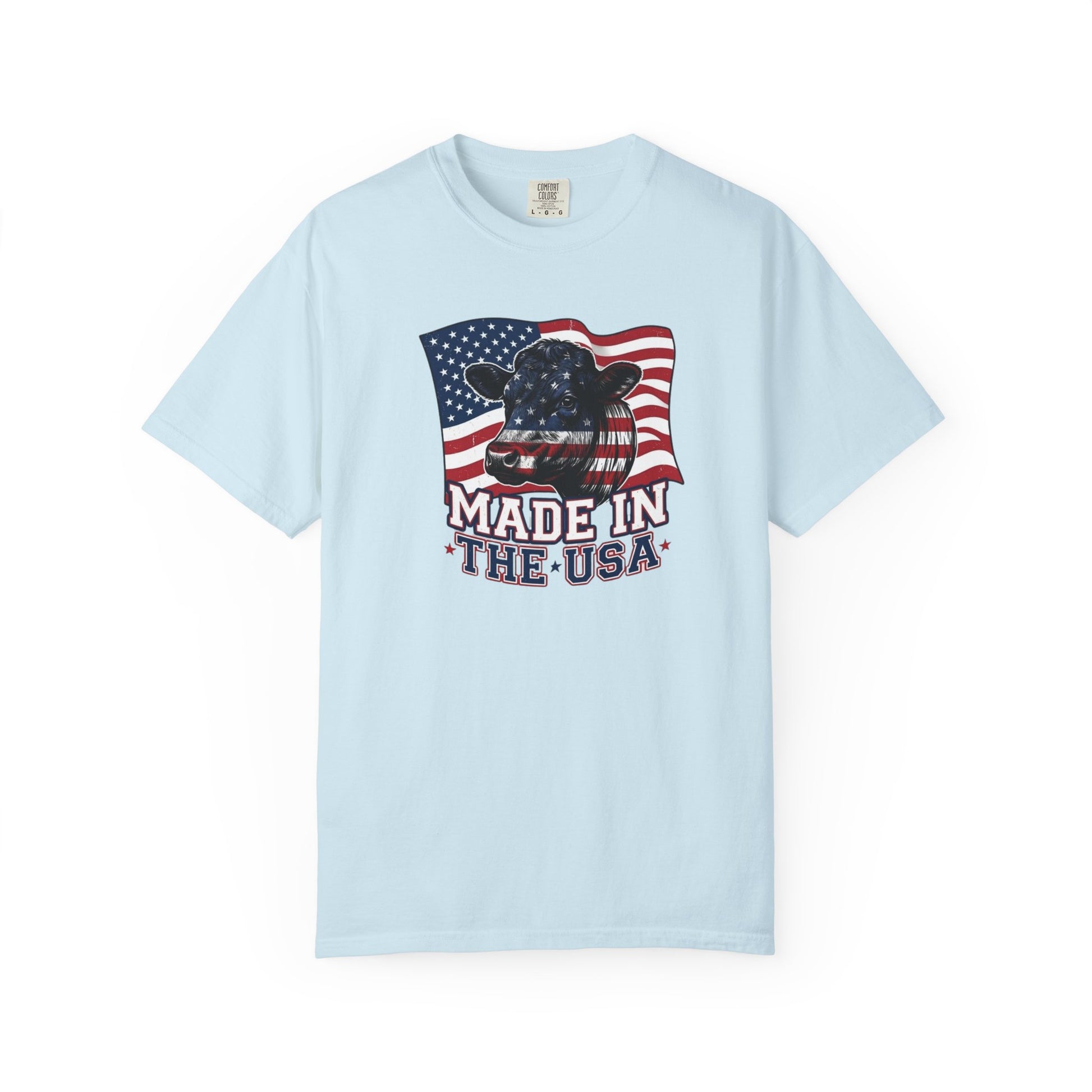 Rancher T-Shirt featuring a cow design with the phrase Made in the USA and American flag colors.