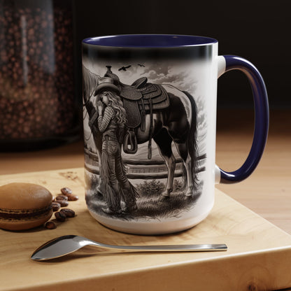 Praying Cowgirl Coffee Mug featuring a girl embracing her horse, perfect gift for equestrian enthusiasts.