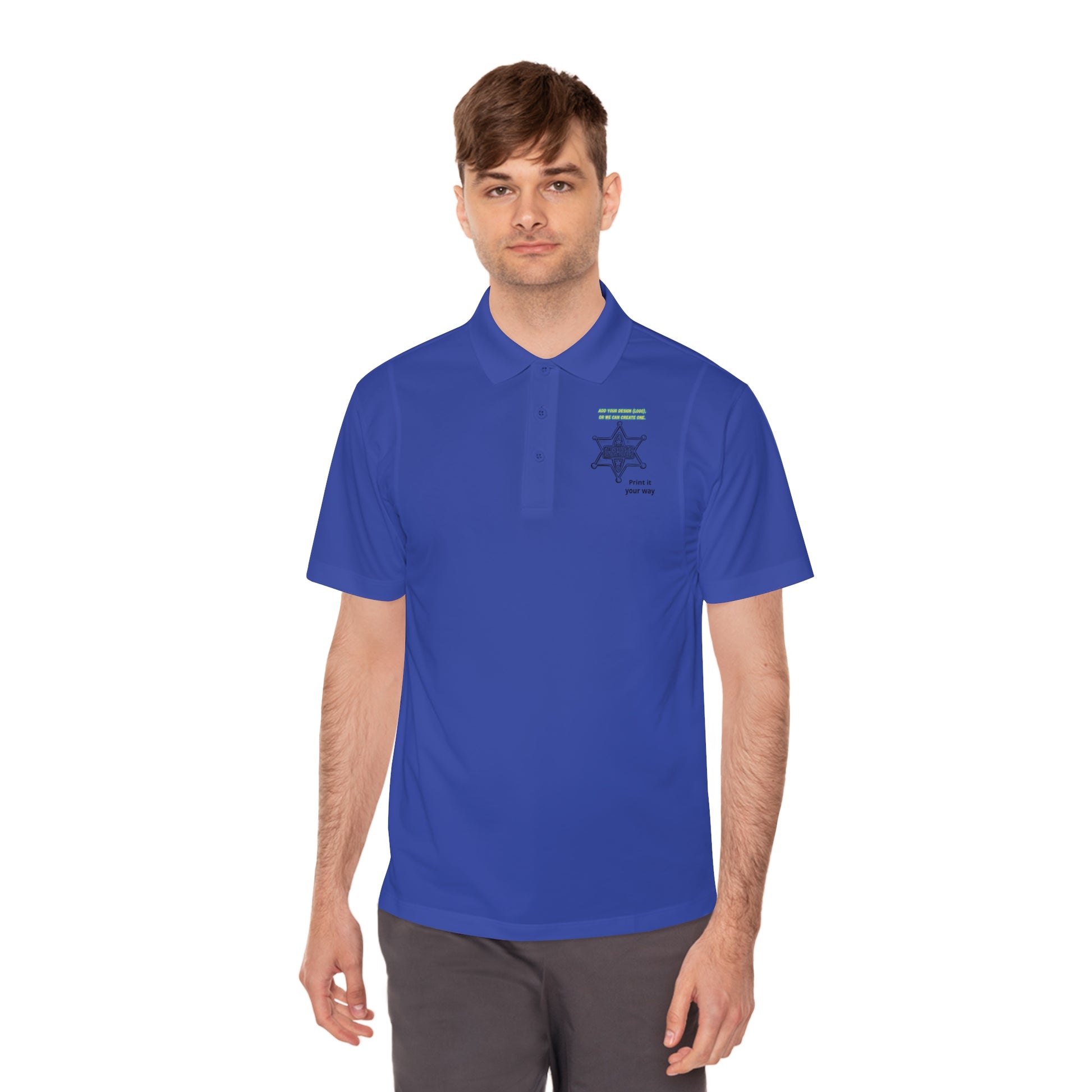 Personalize Sport Polo Shirt model wearing a blue lightweight polo shirt with a crisp collar and three-button placket.