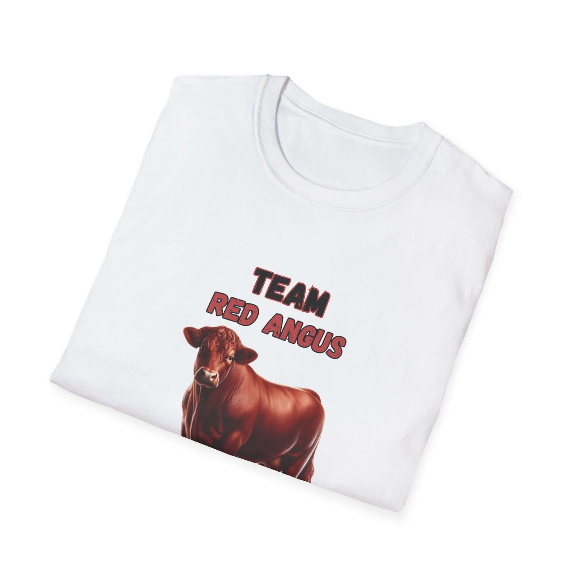 Red Angus T-Shirt featuring a Red Angus cow illustration and the text TEAM RED ANGUS on a white background.