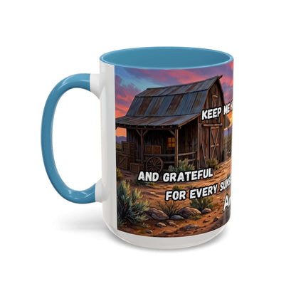 Cowboy Prayer Coffee Mug featuring a rustic barn design with inspirational text, perfect for Western and religious gifts.