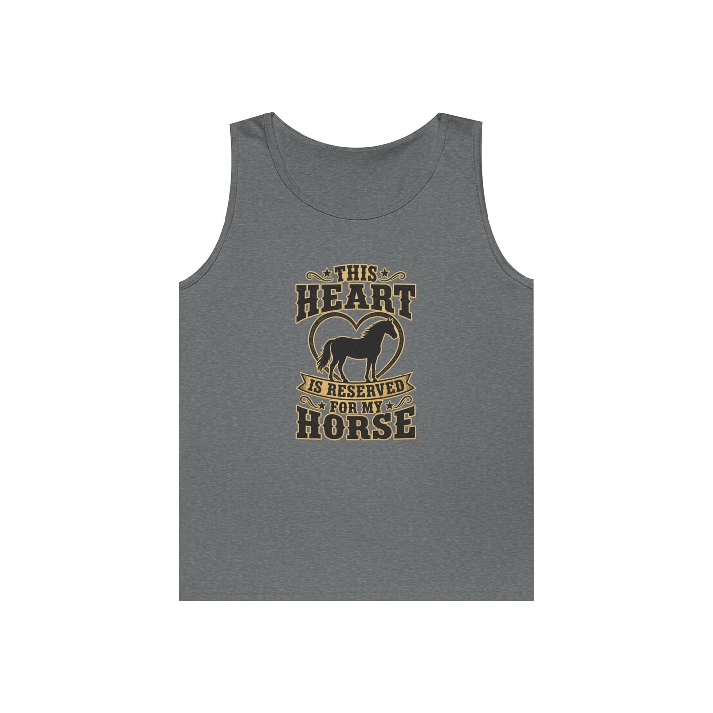 Horse Lover Tank Top featuring graphic "This Heart is Reserved for My Horse" on a gray tank top.