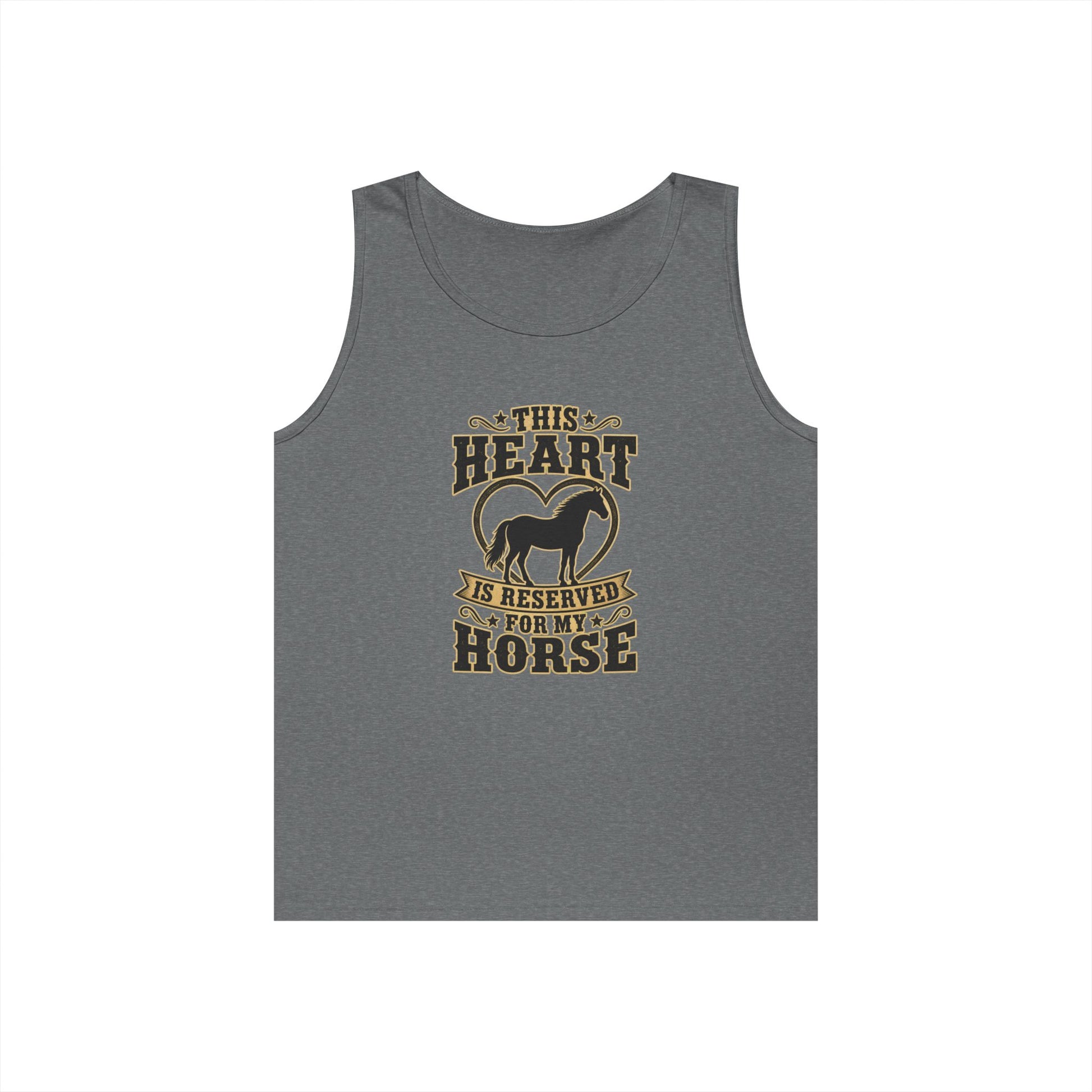 Horse Lover Tank Top featuring graphic "This Heart is Reserved for My Horse" on a gray tank top.