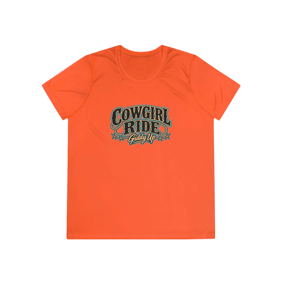 Cowgirl Ride Giddy Up Ladies Tee in vibrant orange with vintage western graphic.