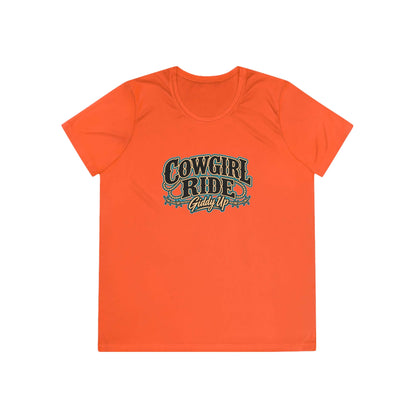 Cowgirl Ride Giddy Up Ladies Tee in vibrant orange with vintage western graphic.