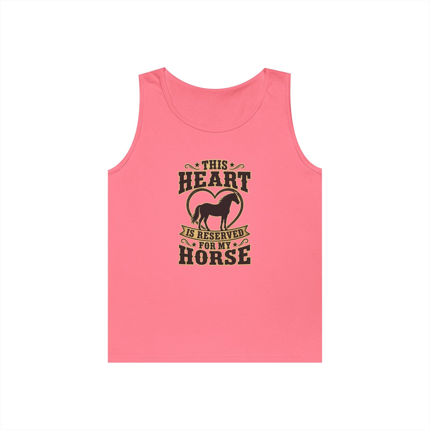 Horse Lover Tank Top in pink with graphic "This Heart is Reserved for My Horse" and mare silhouette design.