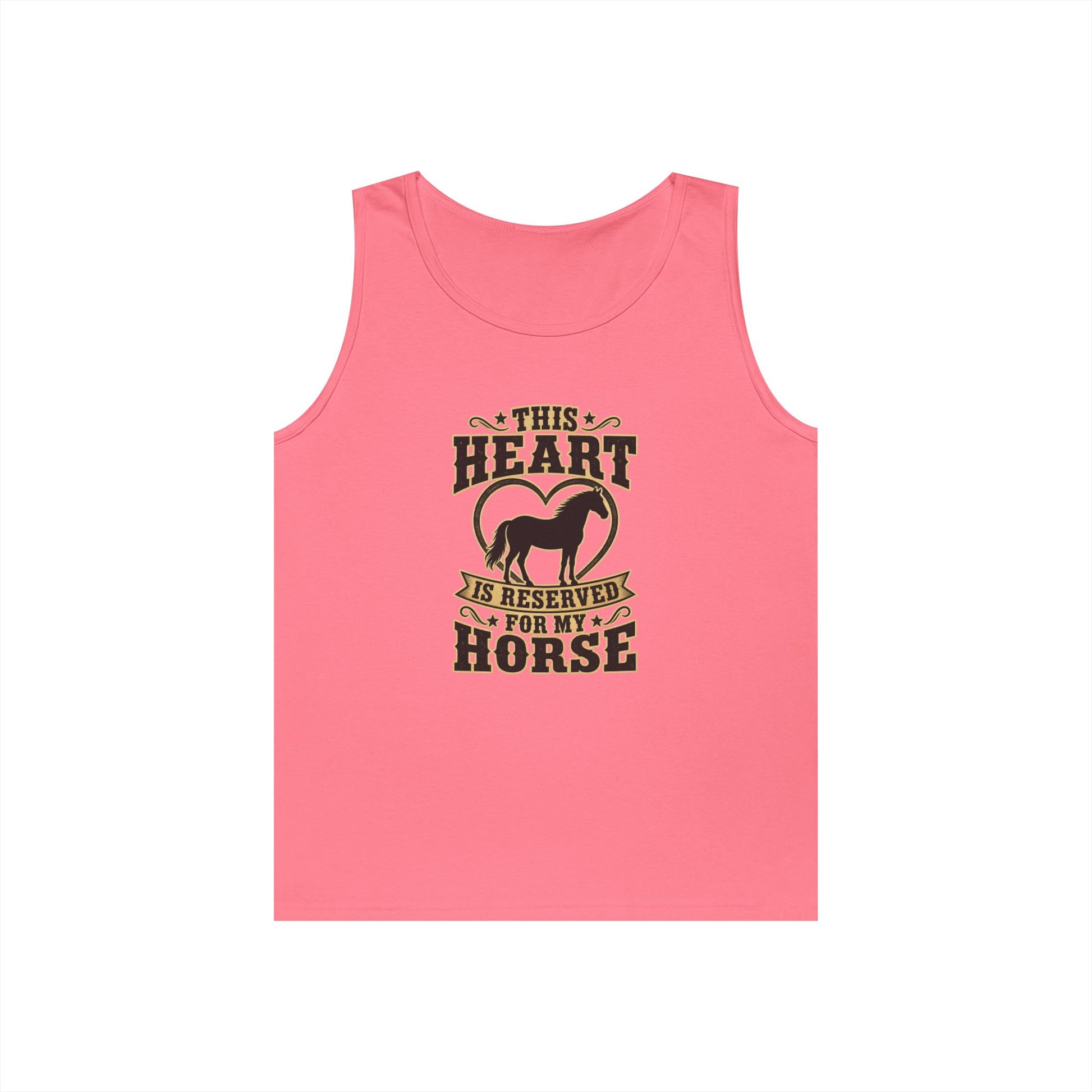Horse Lover Tank Top in pink with graphic "This Heart is Reserved for My Horse" and mare silhouette design.
