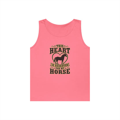 Horse Lover Tank Top in pink with graphic "This Heart is Reserved for My Horse" and mare silhouette design.