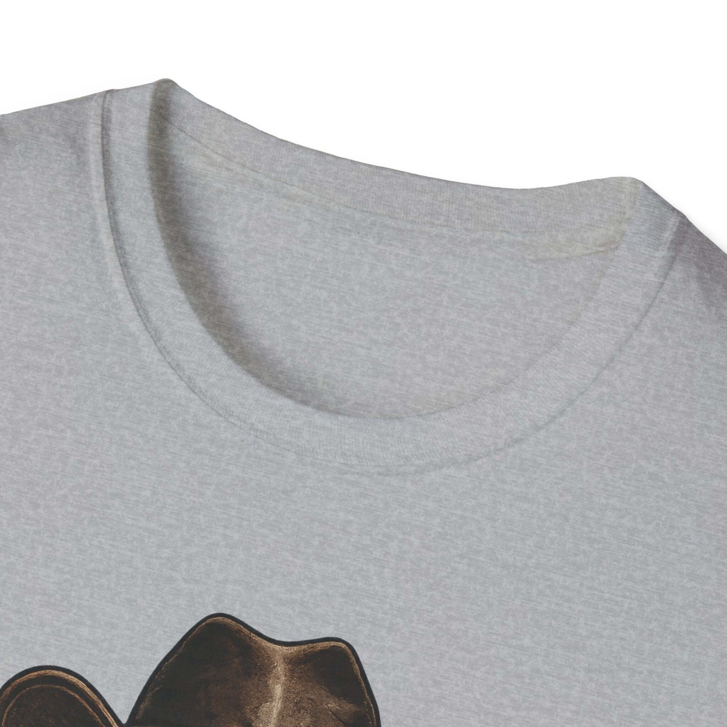 Close-up view of the neckline of a Lucky Farm T-Shirt featuring a skull graphic and a relaxed fit.