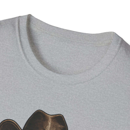 Close-up view of the neckline of a Lucky Farm T-Shirt featuring a skull graphic and a relaxed fit.
