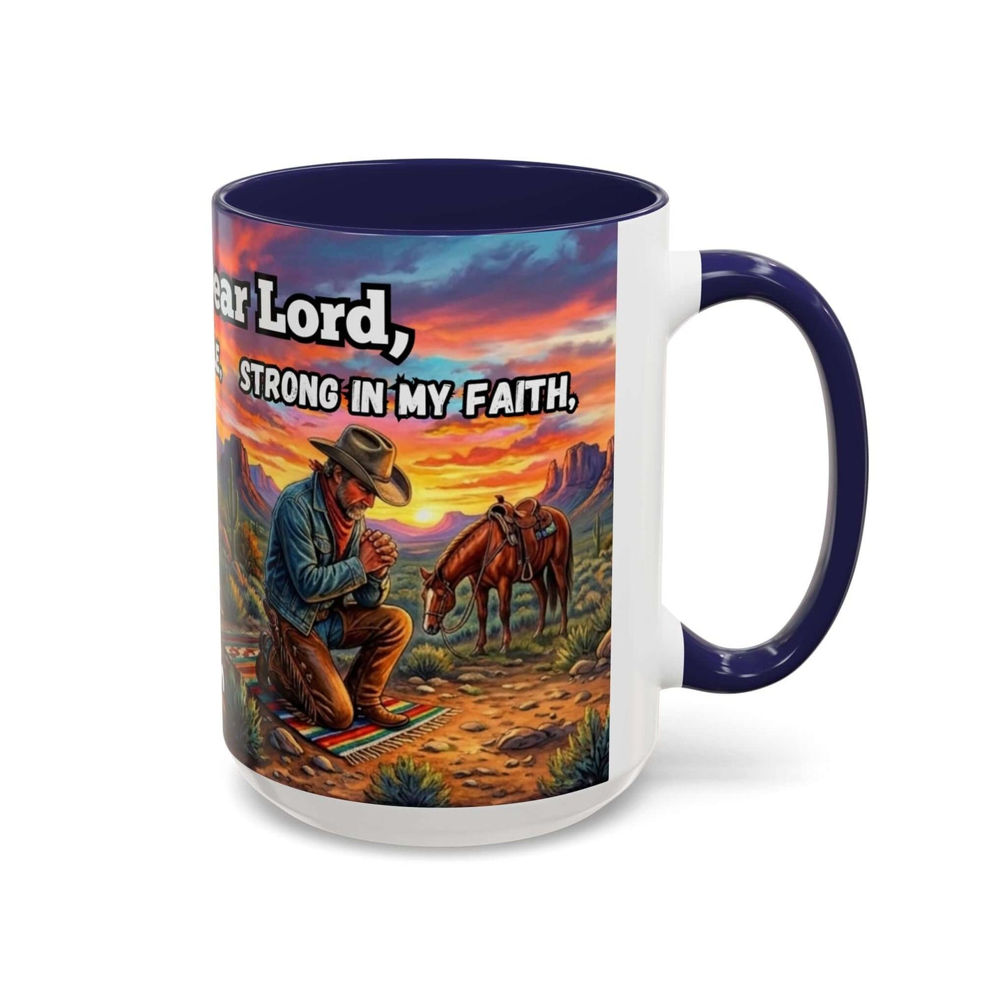Cowboy Prayer Coffee Mug featuring a cowboy praying at dawn, showcasing Western themes and religious inspiration.