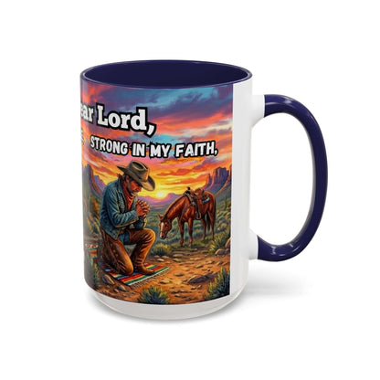 Cowboy Prayer Coffee Mug featuring a cowboy praying at dawn, showcasing Western themes and religious inspiration.