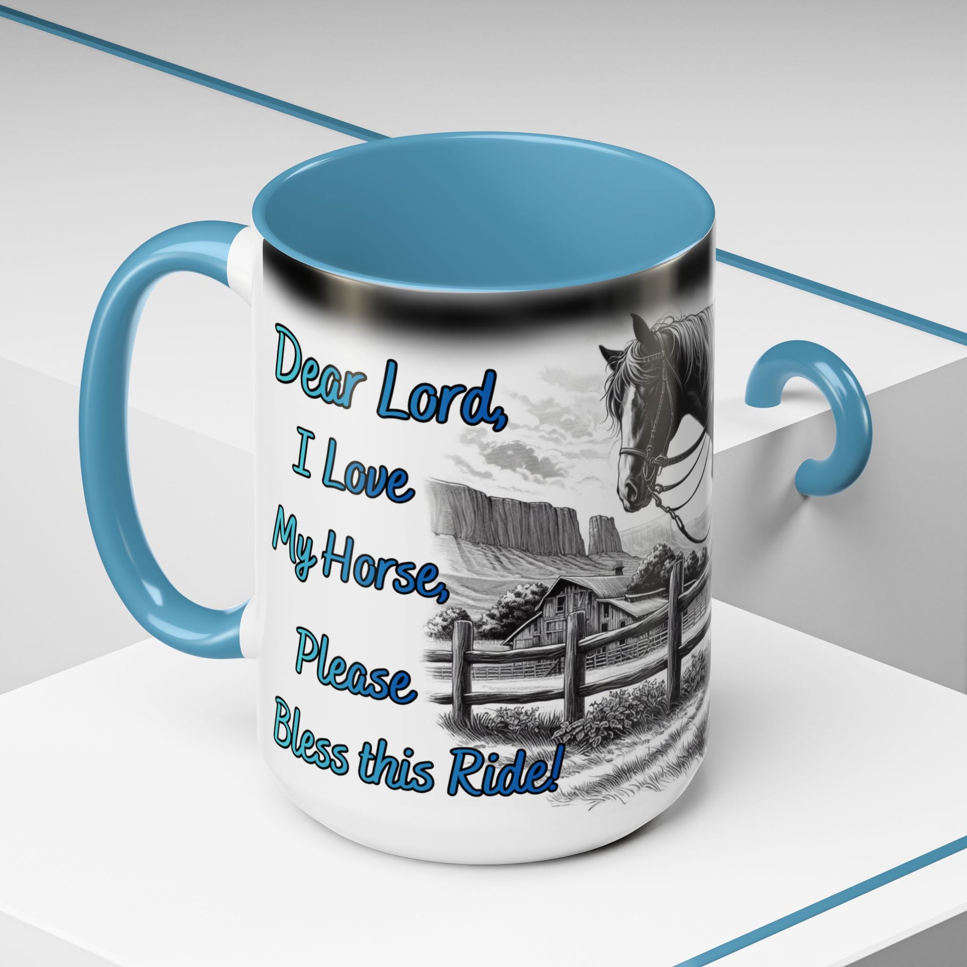 Praying Cowgirl Coffee Mug featuring horse design and heartfelt message for equestrian lovers.