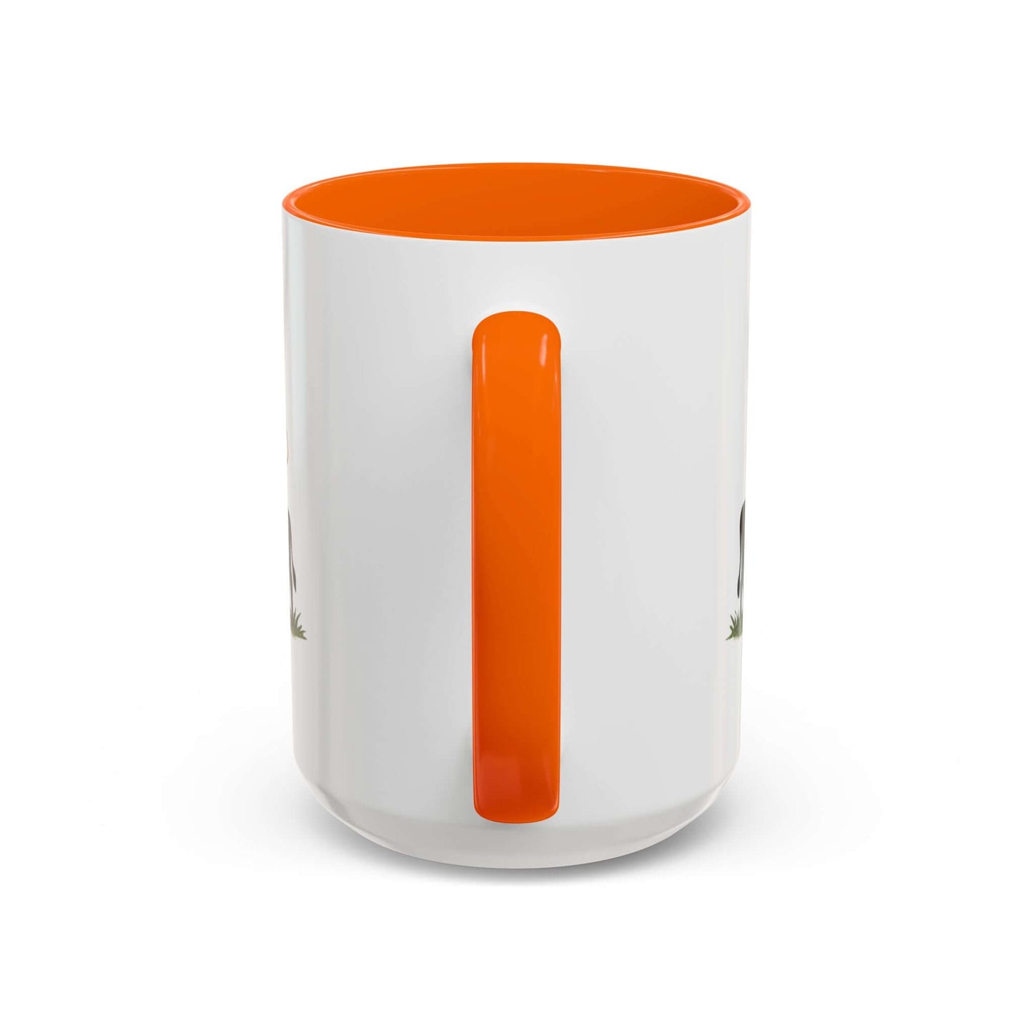 Cow Lovers Mug with an orange handle showcasing grazing cows design for farm lovers.