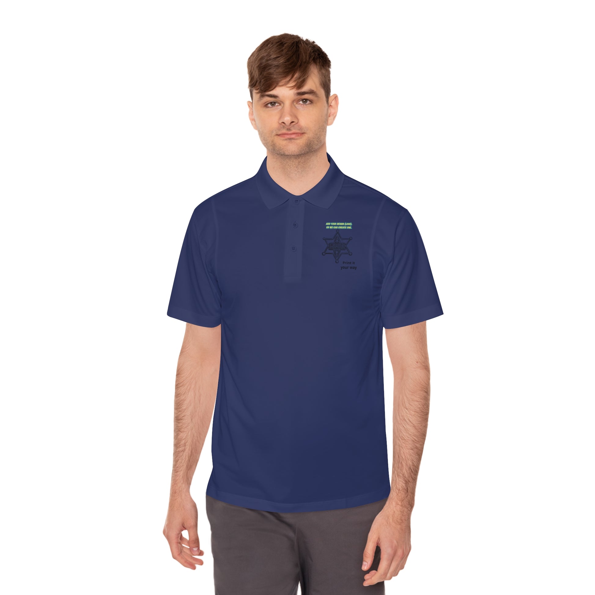 Personalize Sport Polo Shirt in navy, featuring a crisp collar and three-button placket, ideal for ranch hands.