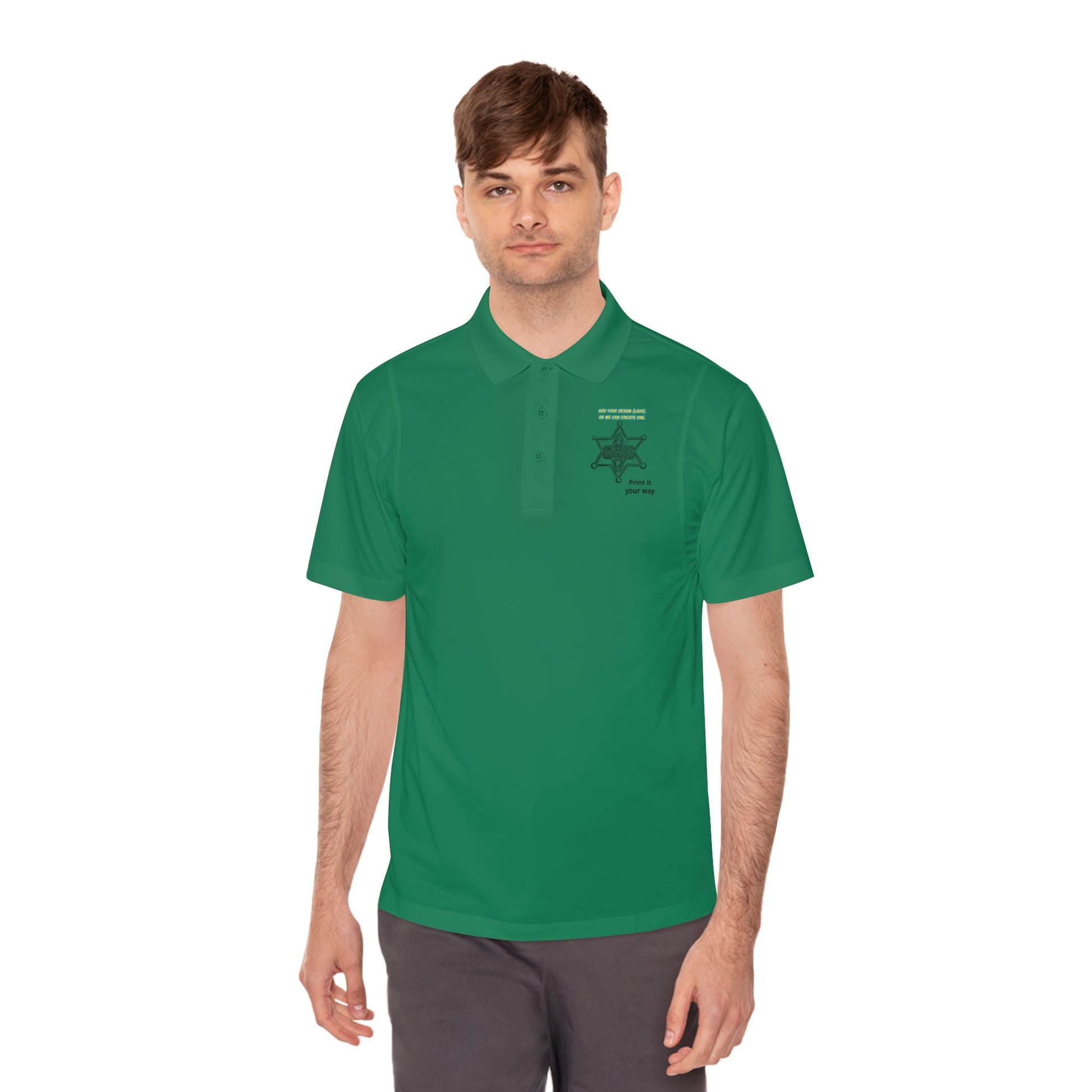 Man wearing a green Personalize Sport Polo Shirt with a crisp lapel collar and three-button placket.