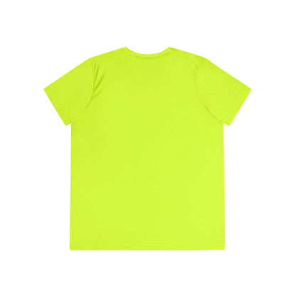 Back view of the Cowgirl Ride Giddy Up Ladies Tee in vibrant neon yellow, showcasing a lightweight and comfortable fit.