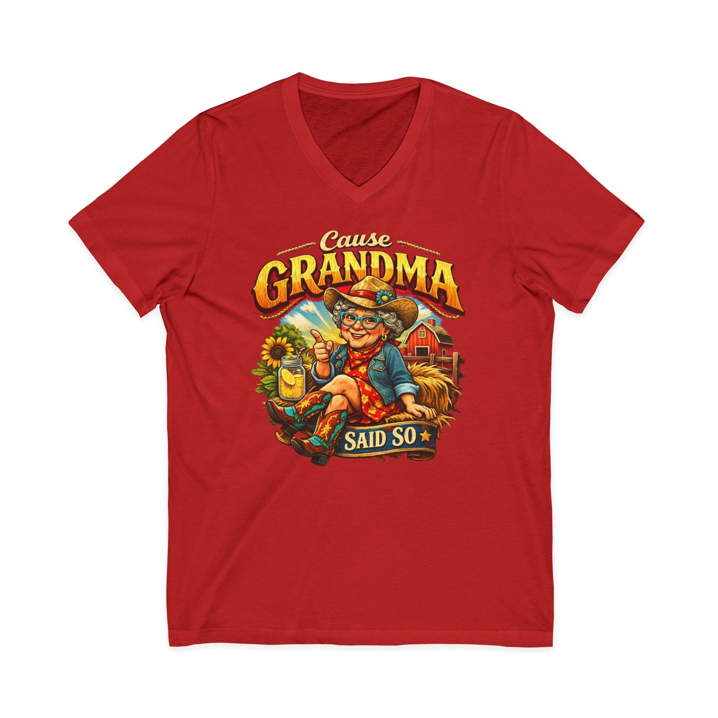 Grandma T-Shirt featuring funny western design with text 'Cause Grandma Said So' on a red V-neck tee.