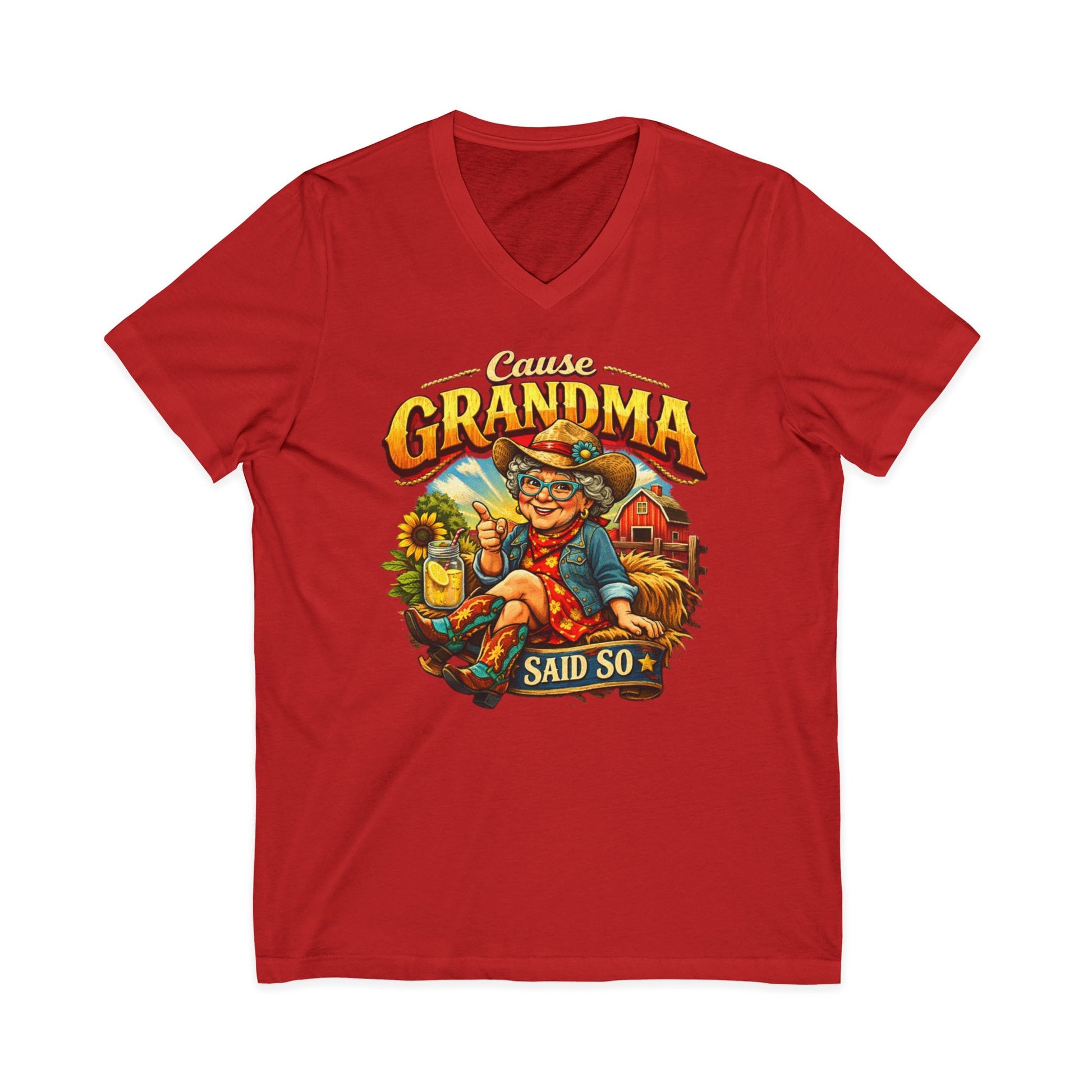 Grandma T-Shirt featuring funny western design with text 'Cause Grandma Said So' on a red V-neck tee.