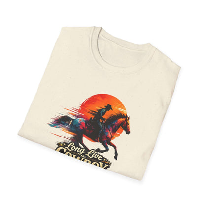 Long Live the Cowboy Western horse t-shirt for men featuring silhouette and sunset design.