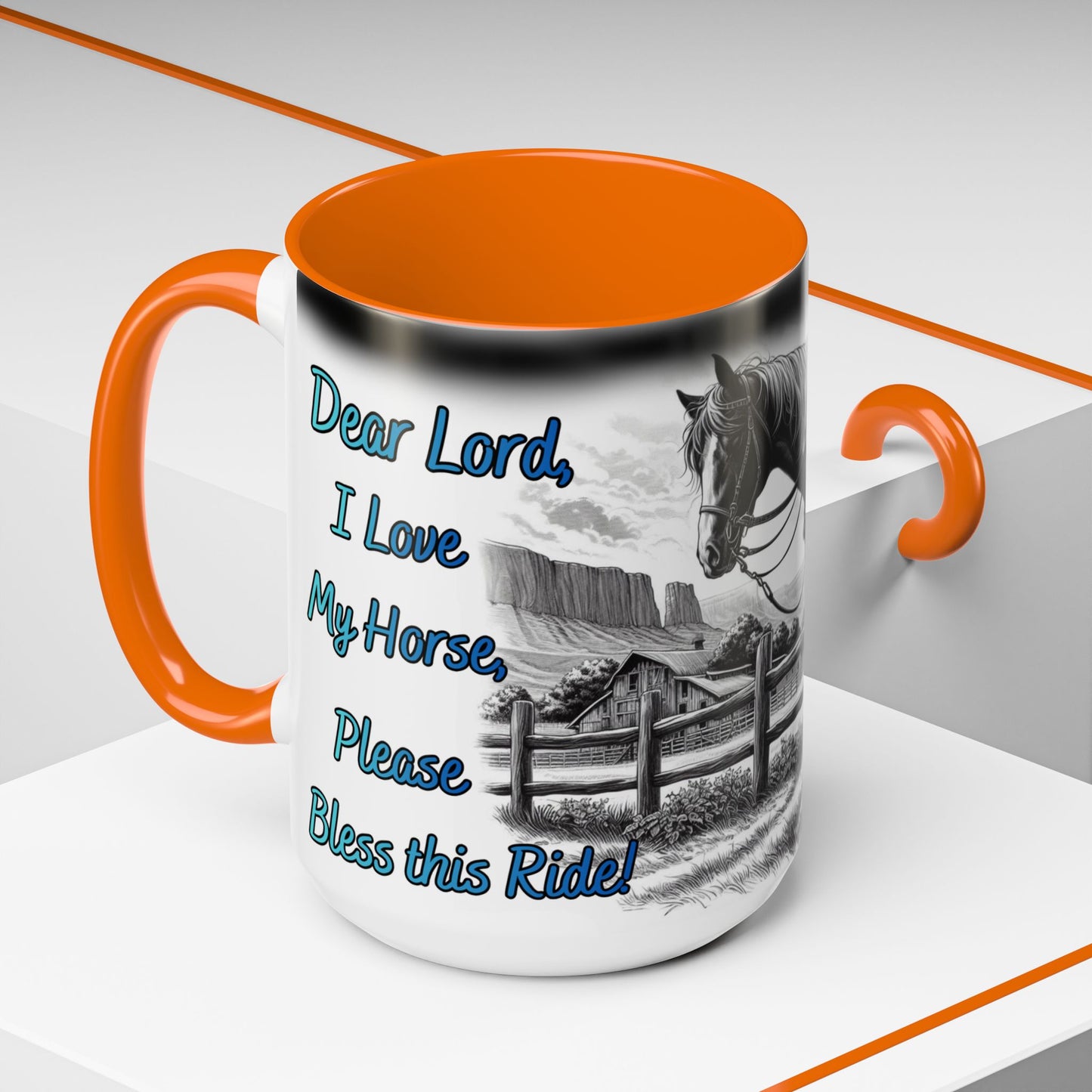 Praying Cowgirl coffee mug featuring a horse and heartfelt message, perfect gift for equestrian enthusiasts.