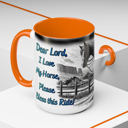 Praying Cowgirl coffee mug featuring a horse and heartfelt message, perfect gift for equestrian enthusiasts.