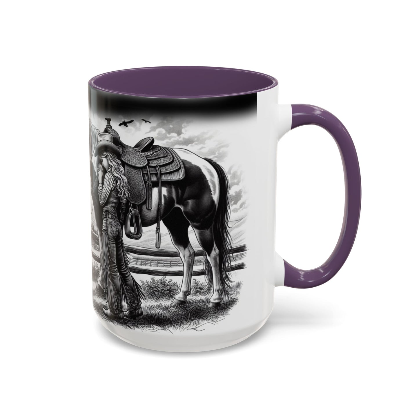 Praying Cowgirl Coffee Mug featuring a girl embracing her horse, perfect for equestrian enthusiasts.