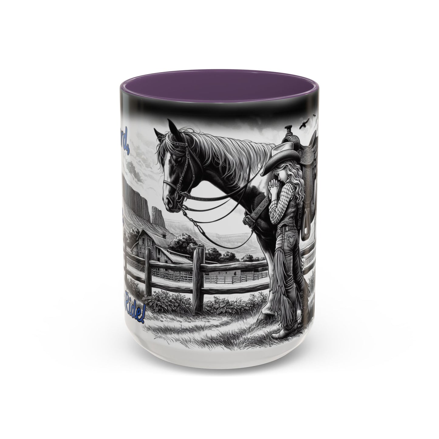 Praying Cowgirl Coffee Mug featuring a girl and her horse, perfect gift for equestrian enthusiasts.