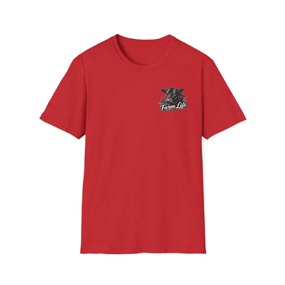 Red Farm Life T-Shirt featuring a hand-drawn graphic, perfect for ranchers and outdoor enthusiasts.