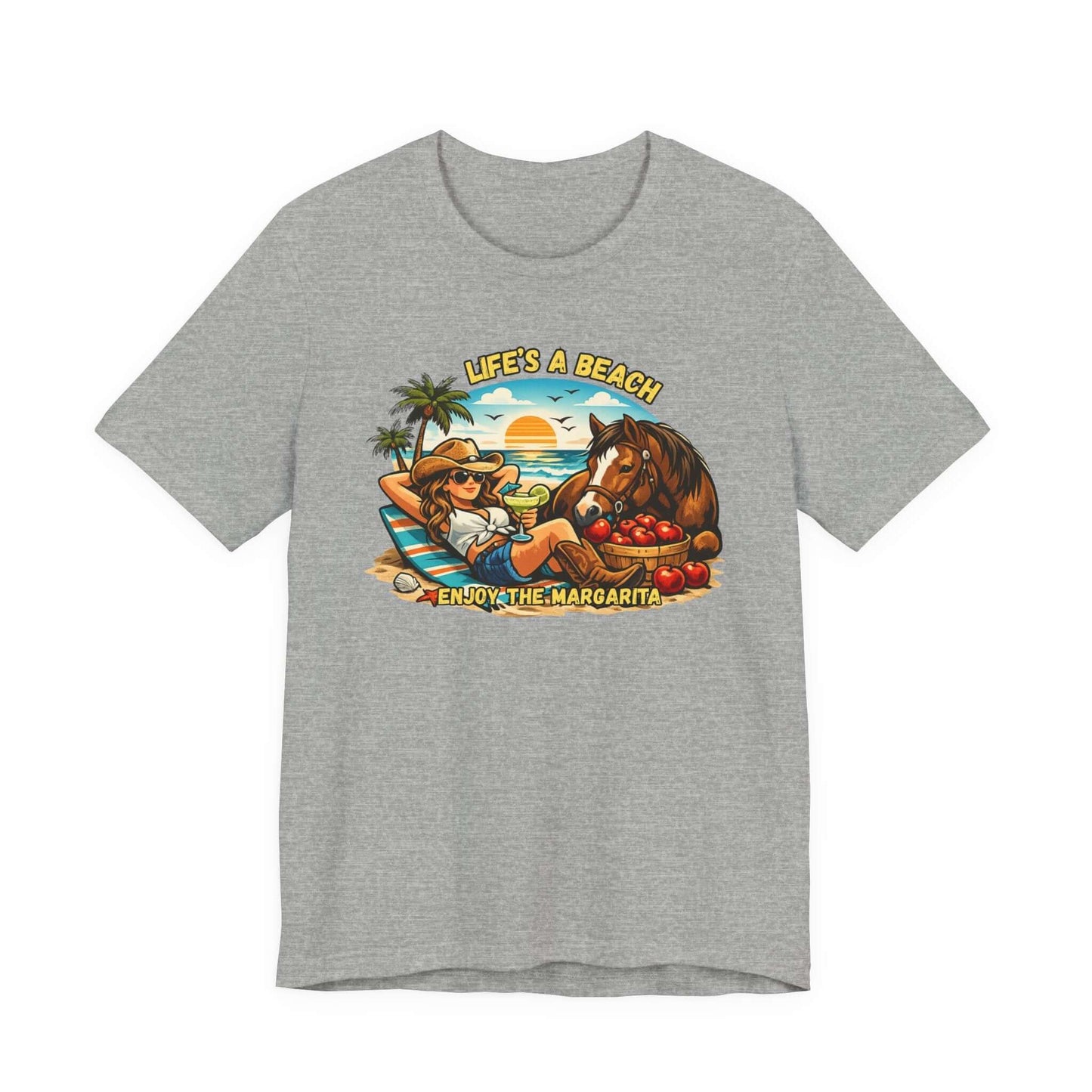 Life's A Beach Western Tee featuring a fun design with a cowgirl and horse, perfect for casual beach days.