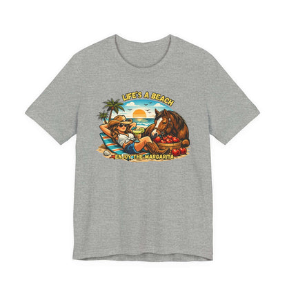 Life's A Beach Western Tee featuring a fun design with a cowgirl and horse, perfect for casual beach days.