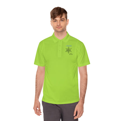 Personalize Sport Polo Shirt in bright green worn by a man, ideal for ranch work with moisture-wicking features.